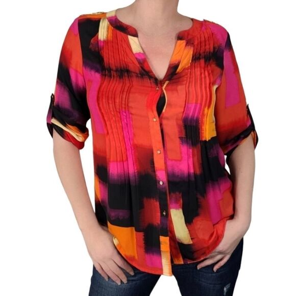 Chaus Roll Sleeve Print Women's Pleated Blouses - Picture 1 of 6